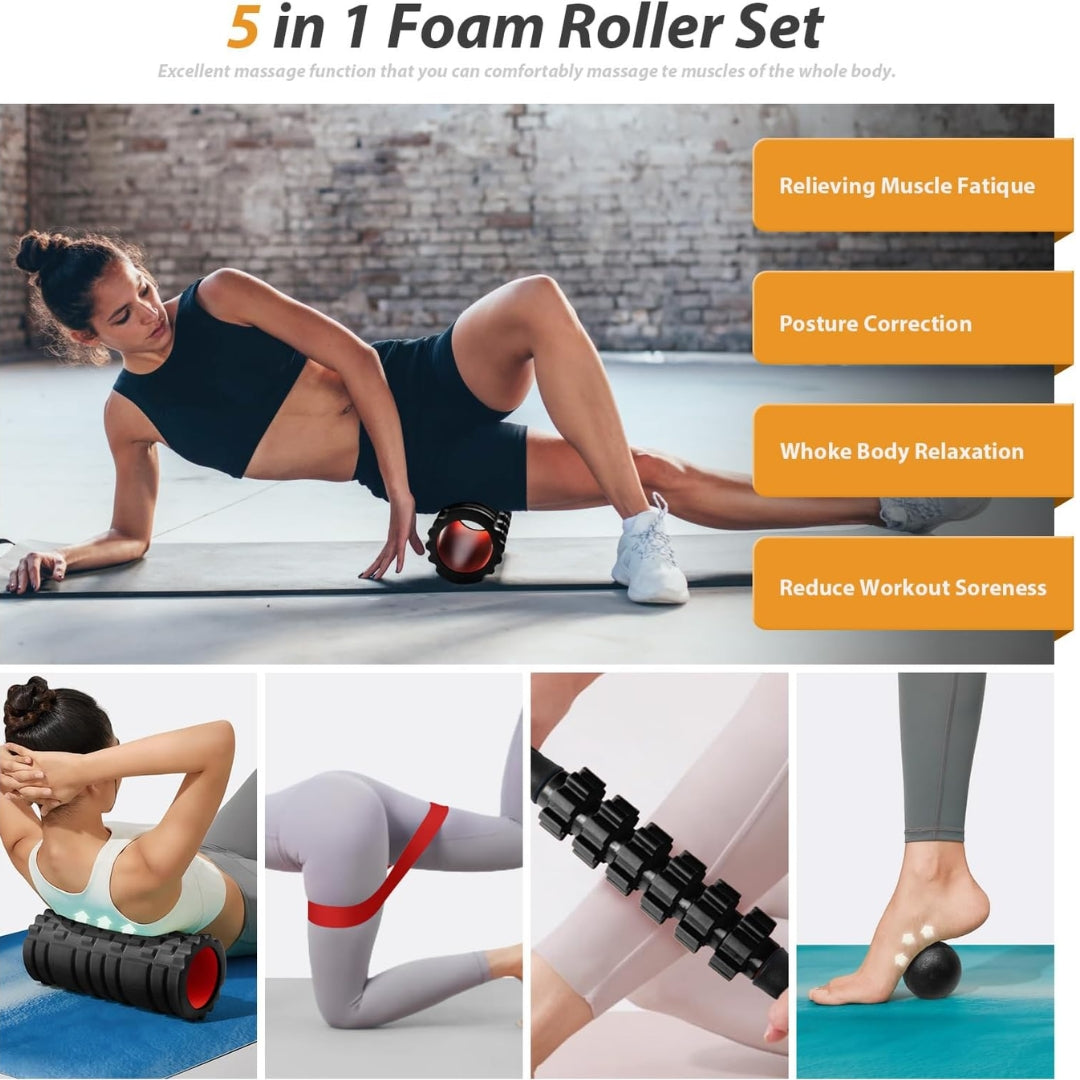 5-in-1 Foam Roller Set – Roller, Ball, Band, Stick & Yoga Strap for Stretching, Mobility & Fitness Recovery