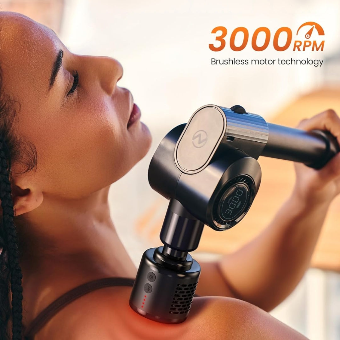 Deep Tissue Percussion Massage Device with Hot & Cold Therapy – Foldable Long-Handle 32-Speed Body Massager