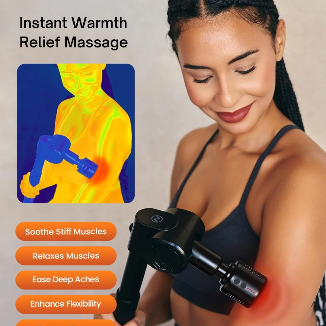 Deep Tissue Percussion Massage Device with Hot & Cold Therapy – Foldable Long-Handle 32-Speed Body Massager